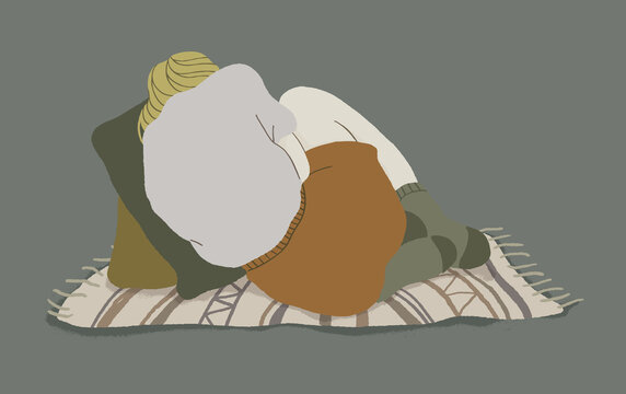 A Young Woman Lies With Her Face Turned To The Wall, Curled Up In A Ball. Vector Illustration.