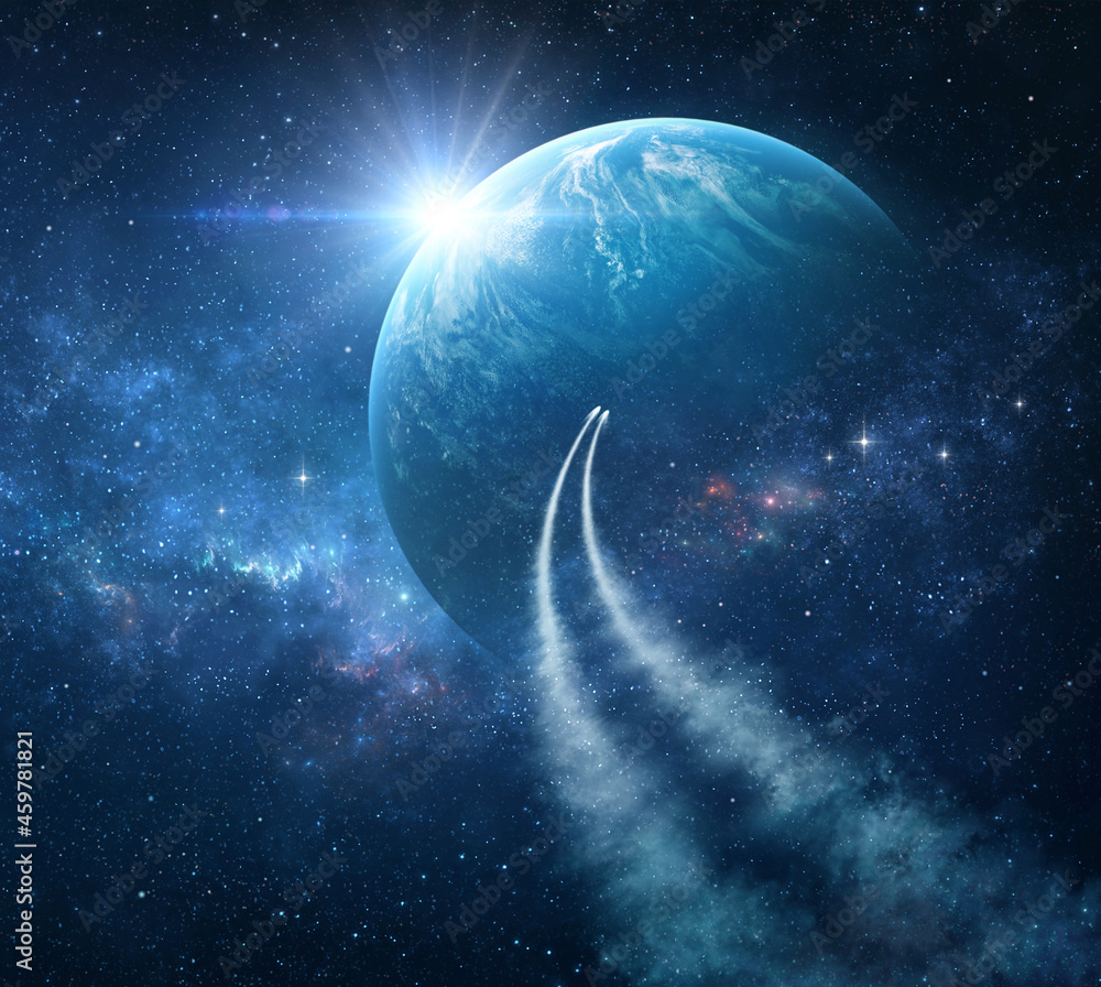 Wall mural spaceships traveling into deep space, exploring galaxies and universe. space probes passing through 