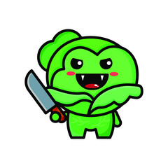 cute cabbage holding a knife icon illustration vector graphic