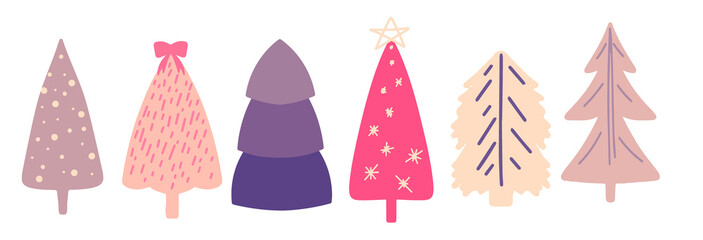 Collection of Christmas trees and fir trees, modern flat design. A set of unusual colored Christmas trees. Pink, lilac, beige. For printed products - leaflets, posters, business cards or for the web.