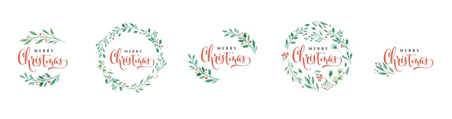 Merry Christmas background. Collection of Vector watercolor lettering design with elegant wreath illustration