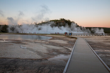 Beautiful sunset at Midway Geyser Basin, Yellowstone National Park Wyoming. Blue hours.