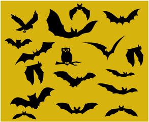 Bats Black Objects Vector Signs Symbols  Illustration With Yellow Background