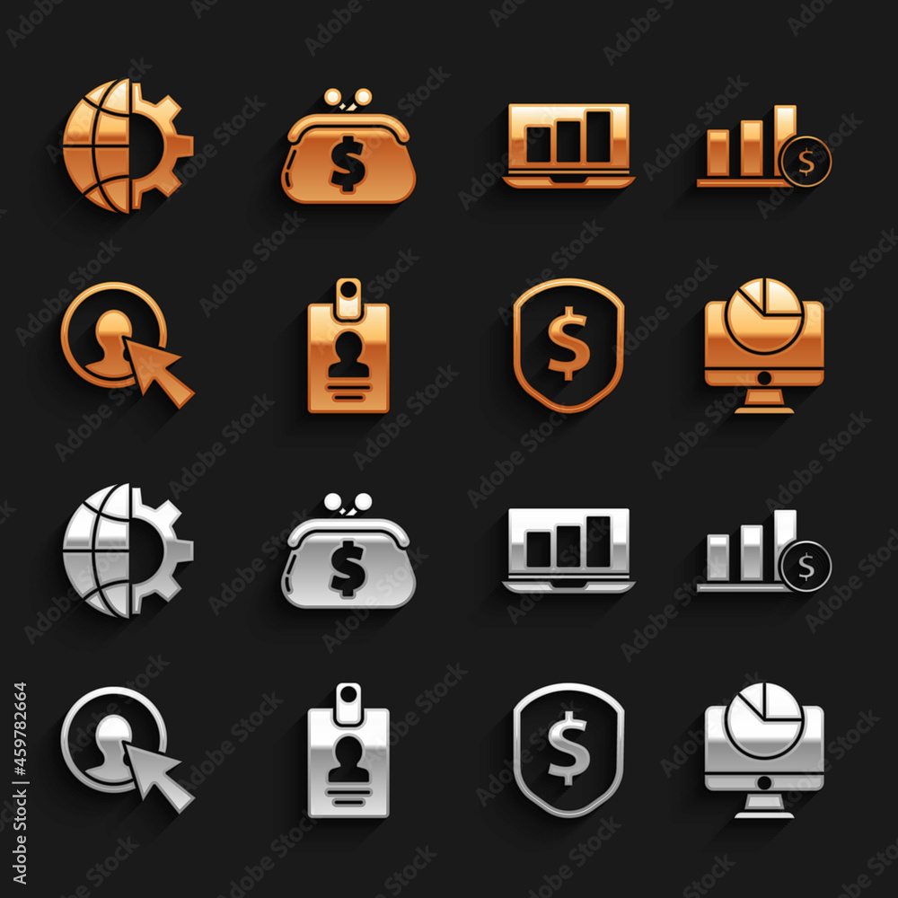 Poster set identification badge, pie chart infographic and dollar, computer monitor with, shield, user of m
