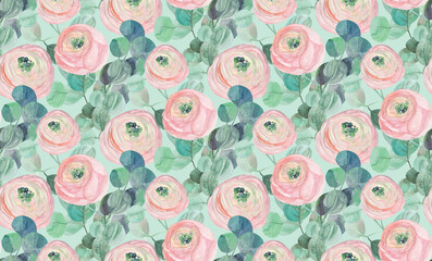 Fototapeta na wymiar delicate watercolor pattern with eucalyptus branches and pink rose flowers on a light green background for textiles and surface design