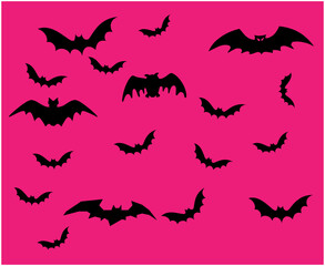 Fototapeta na wymiar Bats Black Objects Signs Symbols Vector Illustration With Pink Background