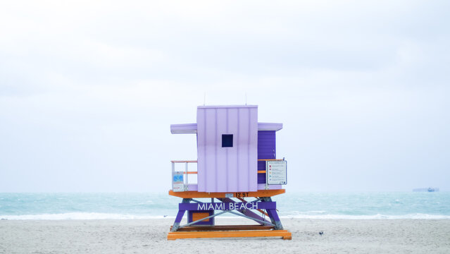 One of the iconic lifeguard towers of Miami Beach, this one in purple.