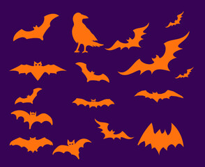 Bats Orange Objects Signs Symbols Vector Illustration With Purple Background