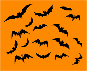 Bats Black Objects Signs Symbols Vector Illustration With Orange Background