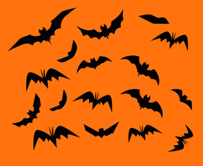 Obraz na płótnie Canvas Bats Black Objects Signs Symbols Vector Illustration With Orange Background