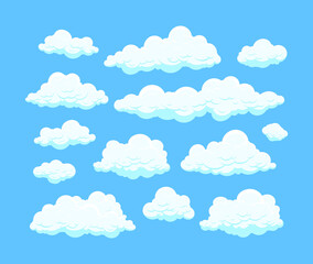 Cartoon clouds isolated on blue background. Cumulus and fluffy eddy in blue sky. Hand drawn sketch. Cloudscape 2d vector illustrations.