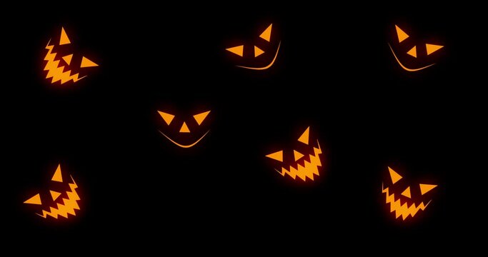 Orange scary pumpkin faces appearing on black background. Halloween concept. 4k resolution animation