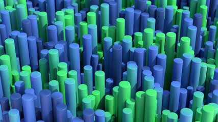 Group of green and blue cylinders. Abstract illustration, 3d render.
