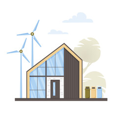 Green Energy Concept. Eco friendly modern house with wind turbines and trash cans. Eco house, cottage in minimalistic style with panoramic windows. Scandinavian design, barnhouse