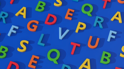 Colorful letters. Blue background, Abstract illustration, 3d render.