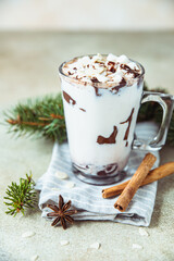 Glass cup with hot chocolate or cocoa drink and cinnamon sticks with anise, light concrete background.