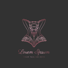 Logo for a lingerie boutique, wedding Studio, or fashion designer's salon. Vintage lace corset with pink gold lines