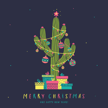Christmas cactus with colorful balls, garlands and gifts in the Mexican style. Greeting card with a hand-drawn illustration