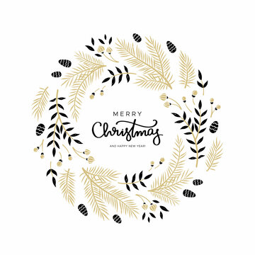 Christmas wreath with branches and pine cones in gold and black color. Unique design for your greeting cards. Vector illustration in modern style.