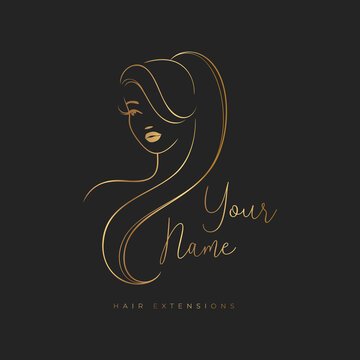 Hair extensions logo with gold color. Elegant silhouette of a girl with long hair on a black background