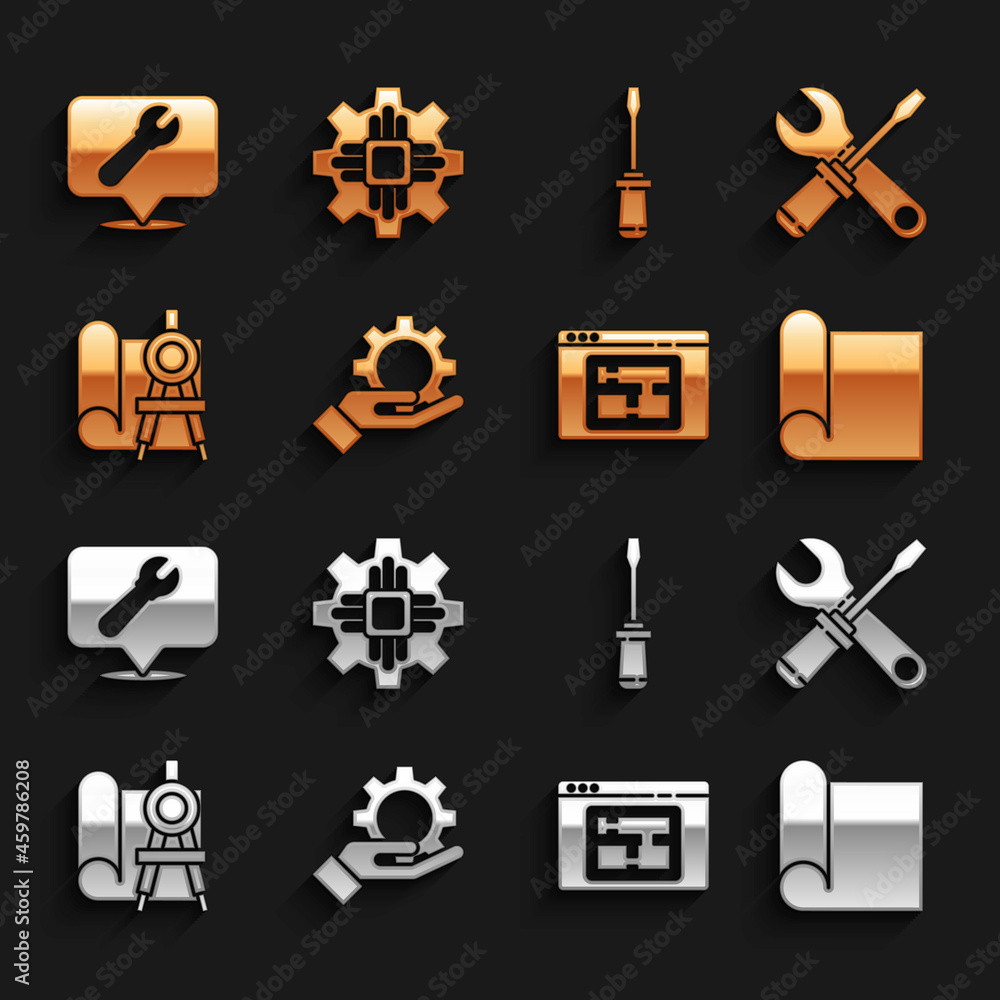 Poster set settings in the hand, screwdriver wrench spanner, graphing paper for engineering, house plan, co