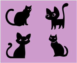 Cats Black Objects Signs Symbols Vector Illustration With Purple Background