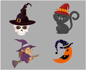 Witch Skulls And Cat Objects Signs Symbols Vector Illustration Abstract With Gray Background