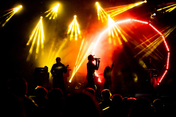 Fototapeta na wymiar crowd at concert and silhouettes in stage lights