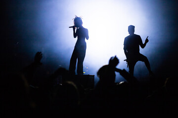 crowd at concert and silhouettes in stage lights