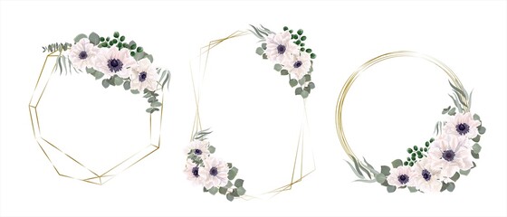 Vector floral frames for cards and invitations. White anemones, eucalyptus, gypsophila, green plants and leaves. Collection of frames with flowers on white background.