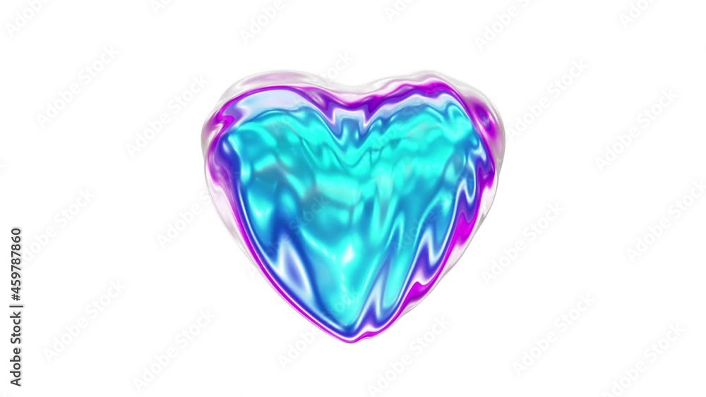 Poster seamless looping 3d animation of the abstract waving liquid iridescent heart against white rendered 