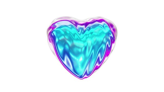 Seamless looping 3D animation of the abstract waving liquid iridescent heart against white rendered in UHD with alpha matte