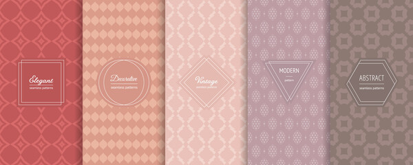 Collection of vintage geometric seamless patterns. Vector set of stylish pastel backgrounds with elegant minimal labels. Abstract ornament textures. Trendy color palette. Design for print, decoration