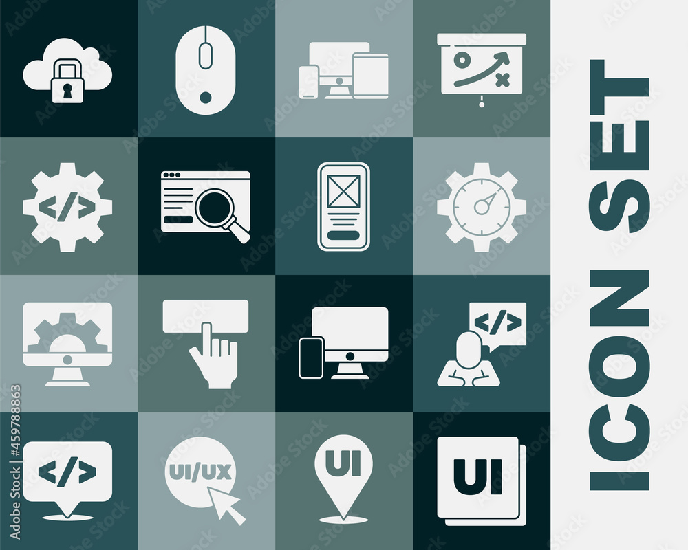 Poster set ui or ux design, front end development, website statistic, monitor, mobile, tablet, cloud comput