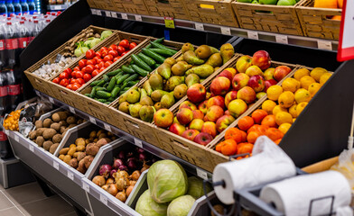 Delicious fruit and vegetable shelf in a store