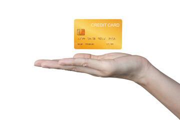 Credit card floating in the hand of a business woman on white background.	
