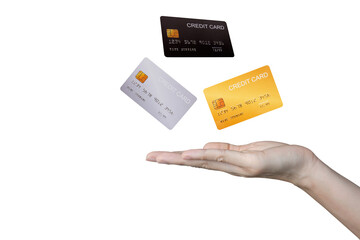 Credit card floating in the hand of a business woman on white background.