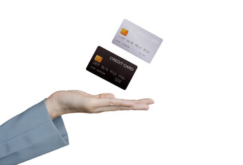 Credit card floating in the hand of a business woman on white background.	