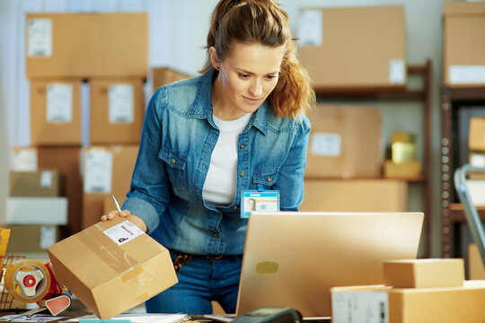 modern female in jeans with laptop and parcels in warehouse