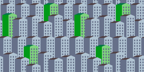 Vector seamless pattern with gray and green houses. Property background. Modern buildings. Eco-friendly homes concept. Real estate. Town. Urban Geometric design. Sustainable Living. City life. Wall.