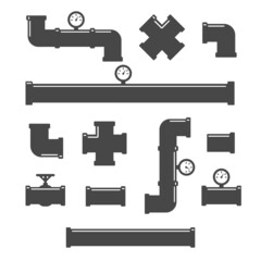 Pipe fittings vector icons set. Tube industry, construction pipeline, drain system