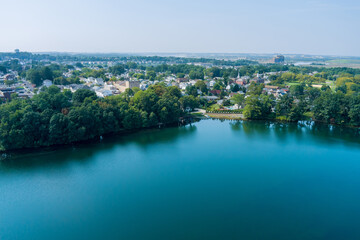 Fototapeta na wymiar Aerial view of pond near the Sayreville New Jersey small American town residential community