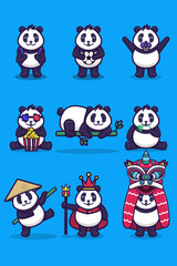 A set of cute panda characters with various activities and styles
