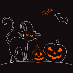 Black Happy Halloween greeting card with cat in witch hat and two spooky pumpkins.