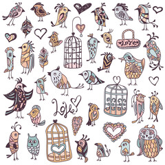 Birds hand drawn vector illustration. Abstract artistic design elements for wall decoration, invitation, greeting cards.