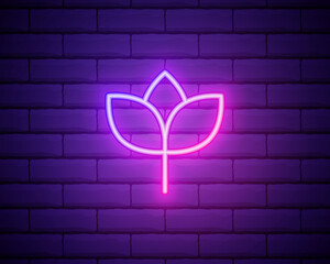 Flower pink glowing neon ui ux icon. Glowing sign logo vector . Glowing flower isolated on brick wall background