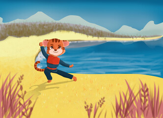 tiger in the position for combat art kung fu. pose1 of 5. Cute cartoon style.