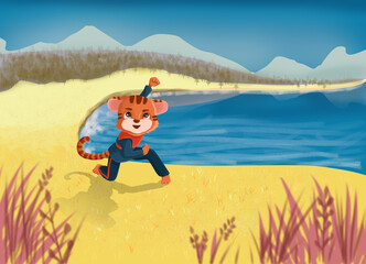 tiger in the position for combat art kung fu. pose2 of 5. Cute cartoon style.