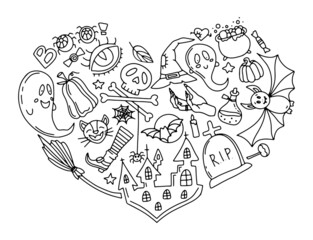Halloween Doodle Heart Collage.  Digital hand drawn sketched