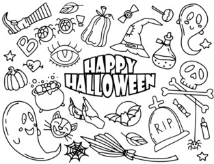 Happy Halloween doodle color clipart set.  Digital hand drawn sketched